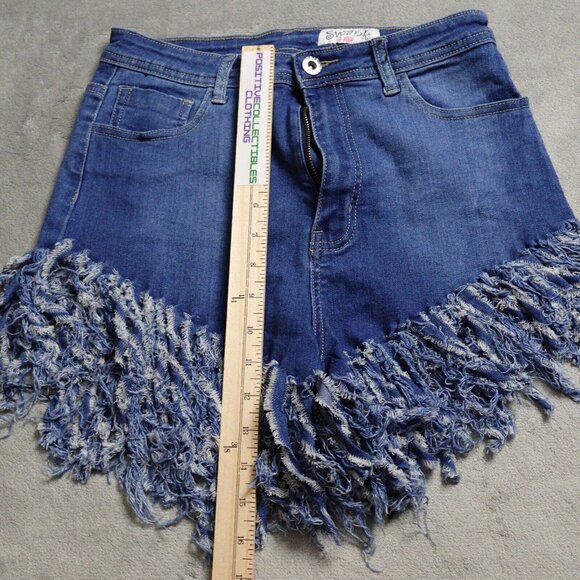 Swank A Posh Fringe Short Women's Large Blue Denim High Rise Pockets - Picture 4 of 9